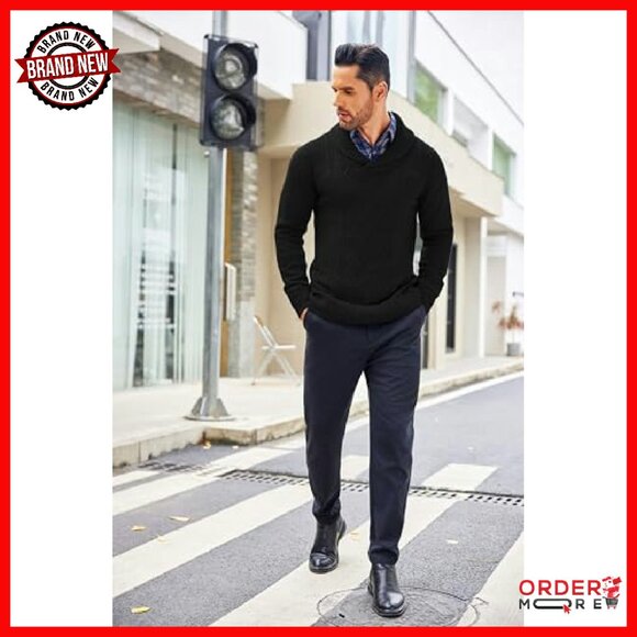 Men's V-Neck Shawl Collar Cable Pullover Sweater Relaxed Fit - Picture 7 of 8